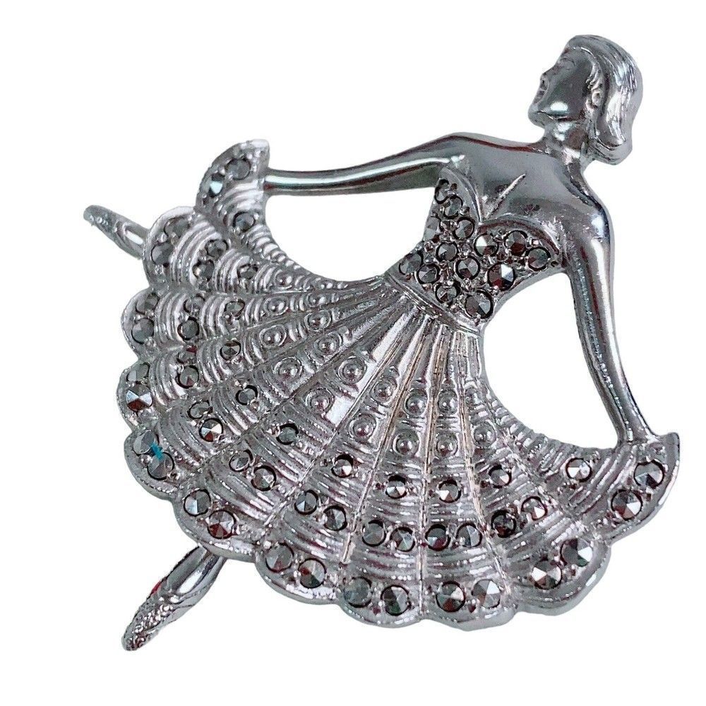 Vintage Dancing TipToe Ballerina Marcasite Brooch Pin Sterling Silver Dancer - Picture 3 of 5